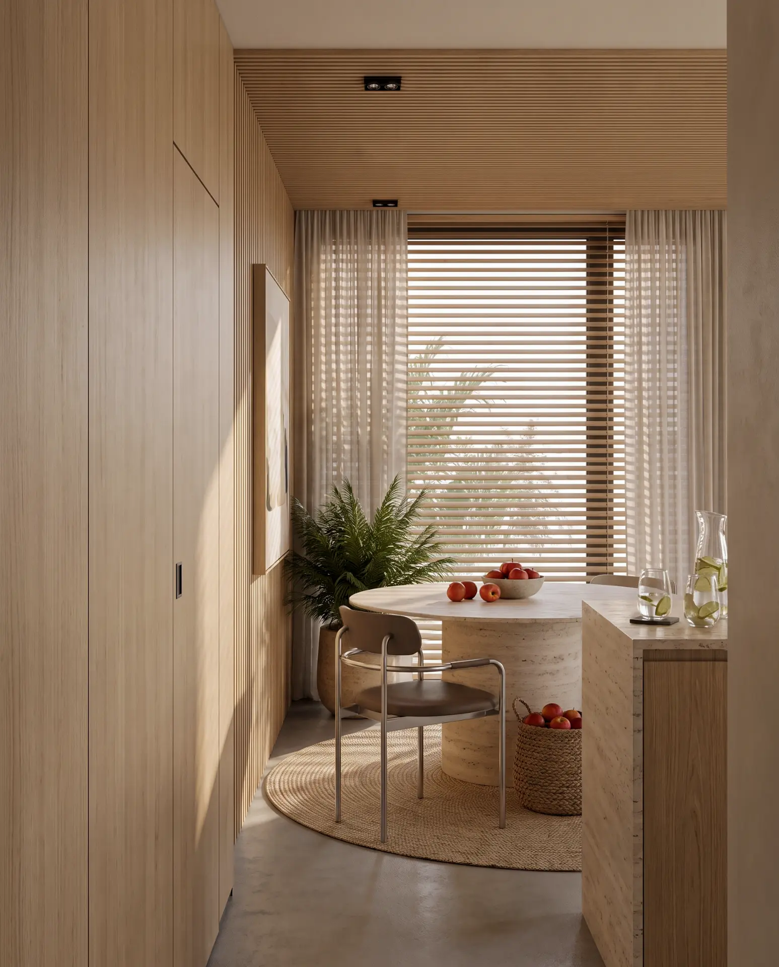 Compact dining nook in light oak millwork