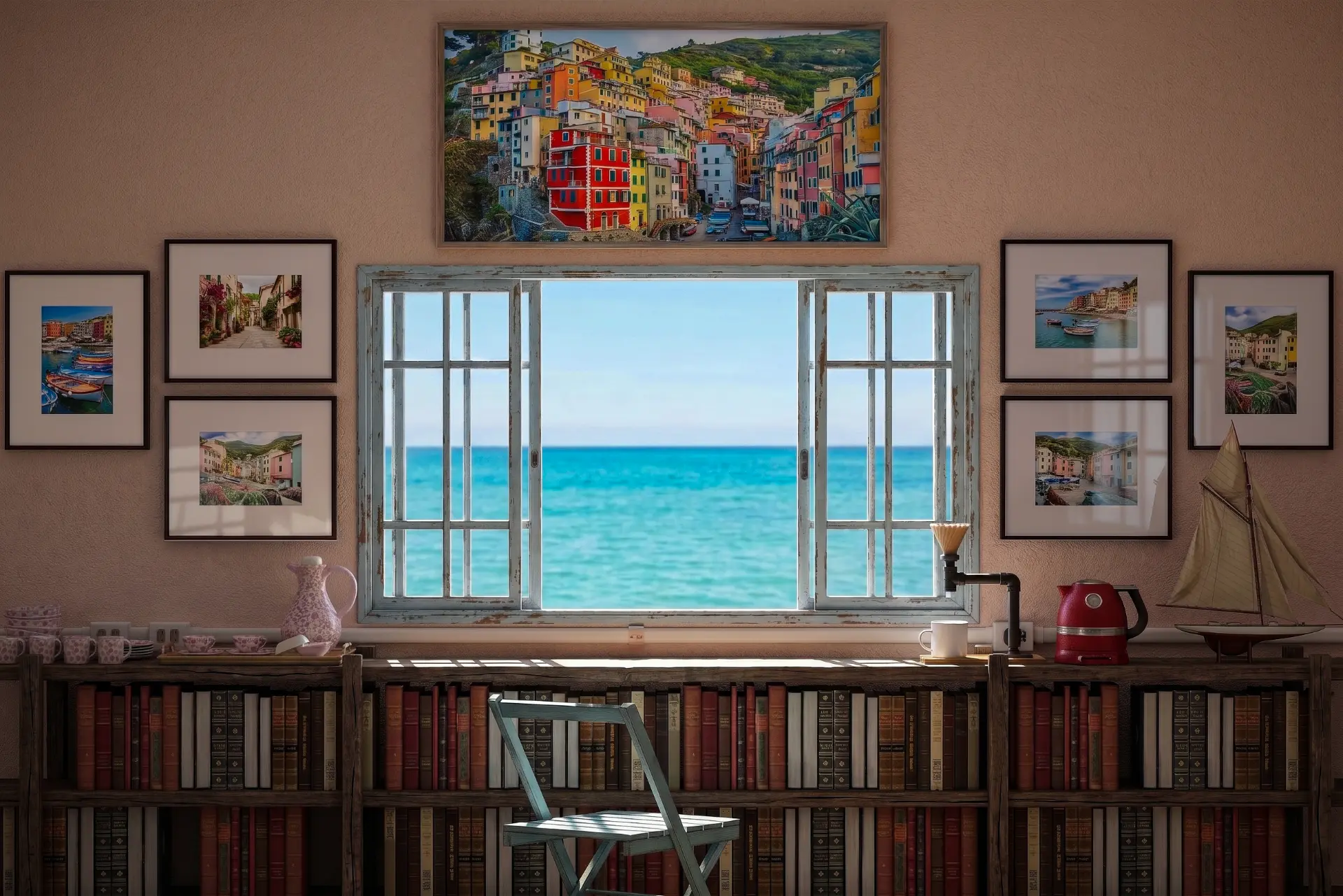 Render interno com janela aberta para o mar e parede de livros