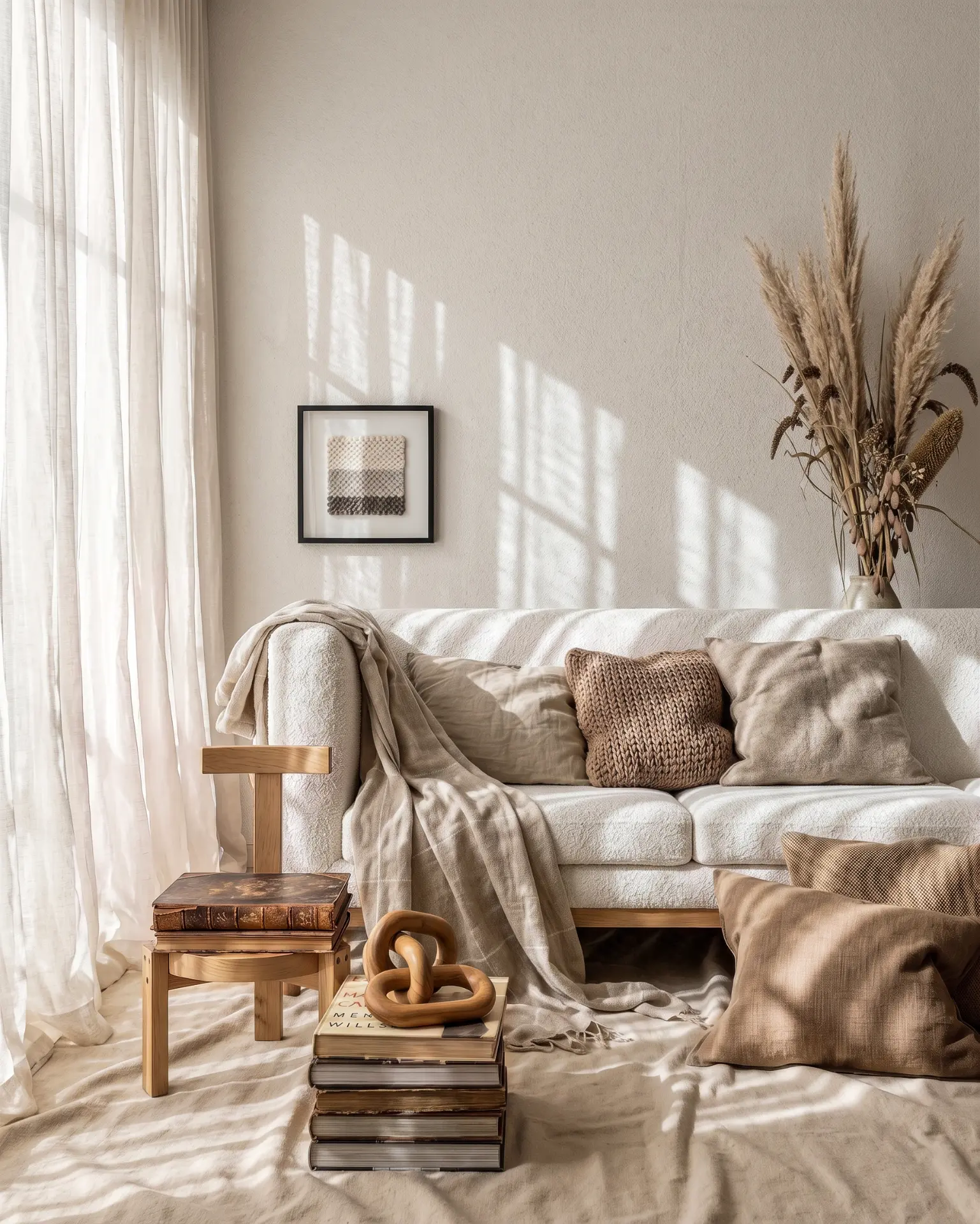 Sunlit living corner with boucle sofa and dried pampas