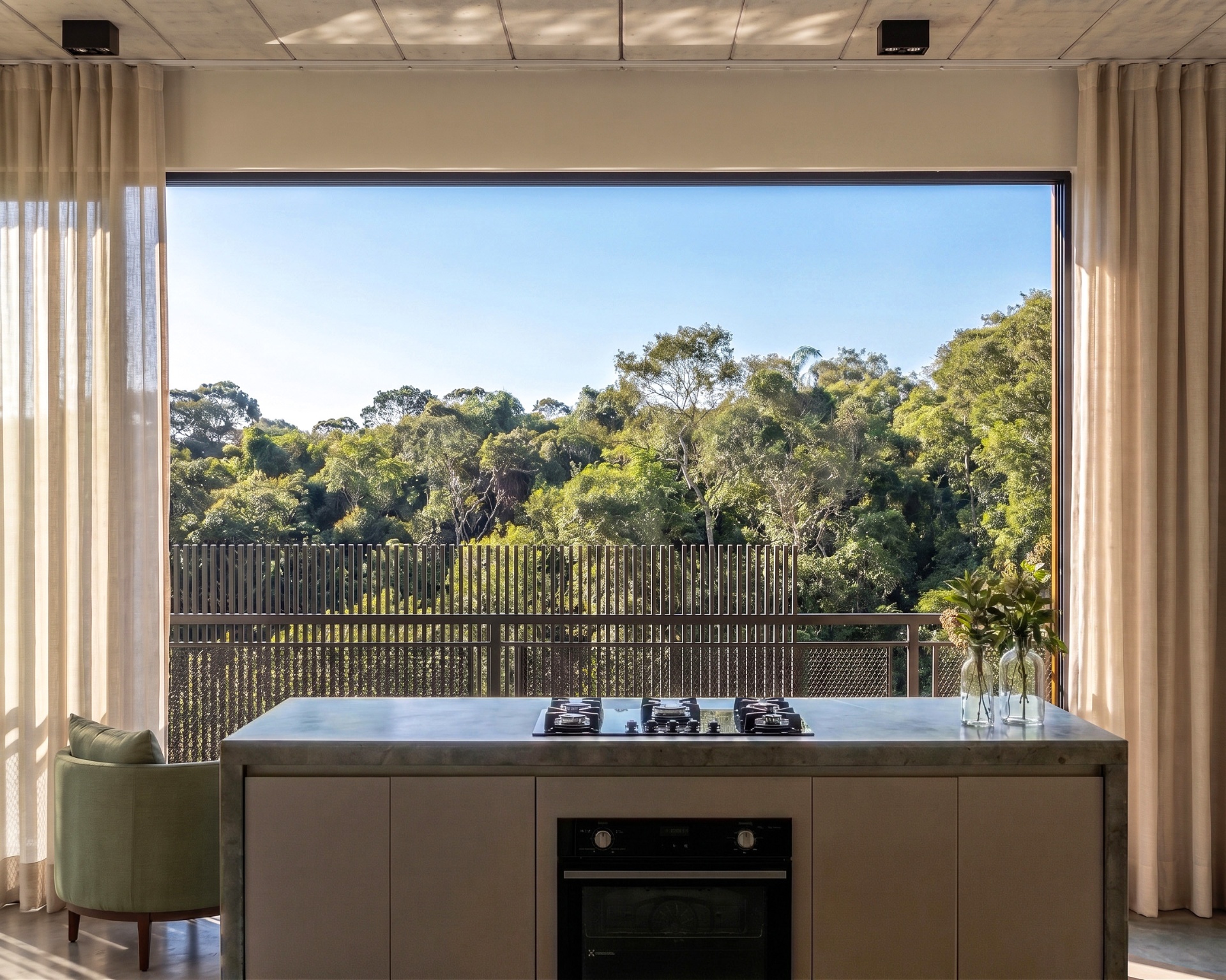 Kitchen with panoramic forest view