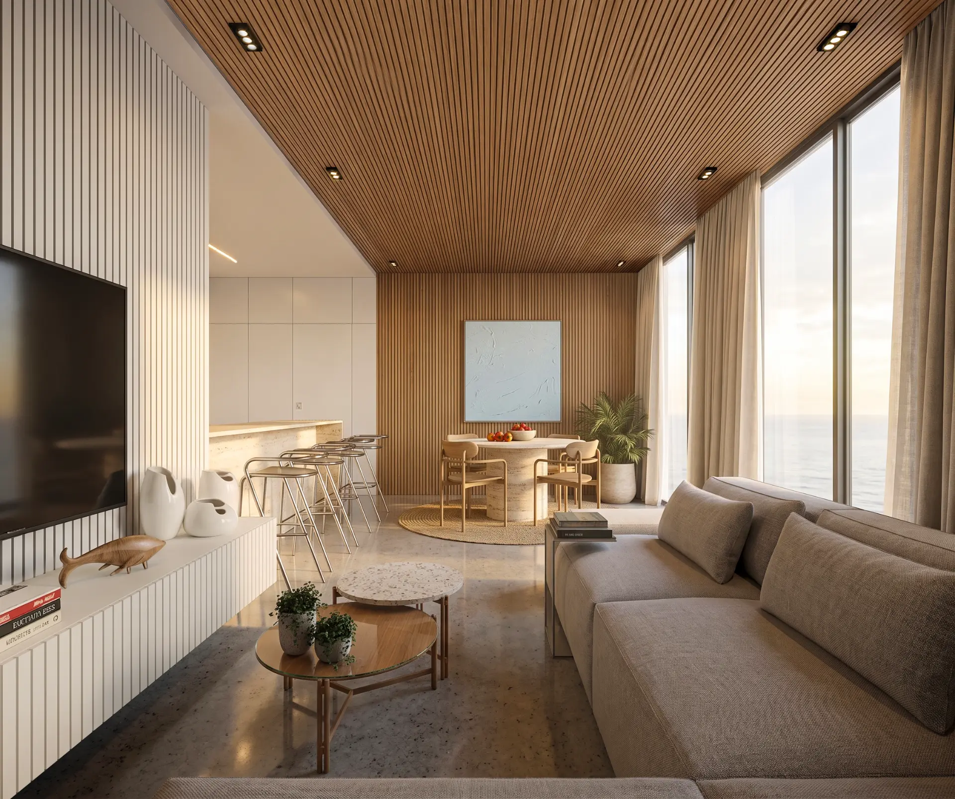 Oceanfront living room with slatted wood ceiling