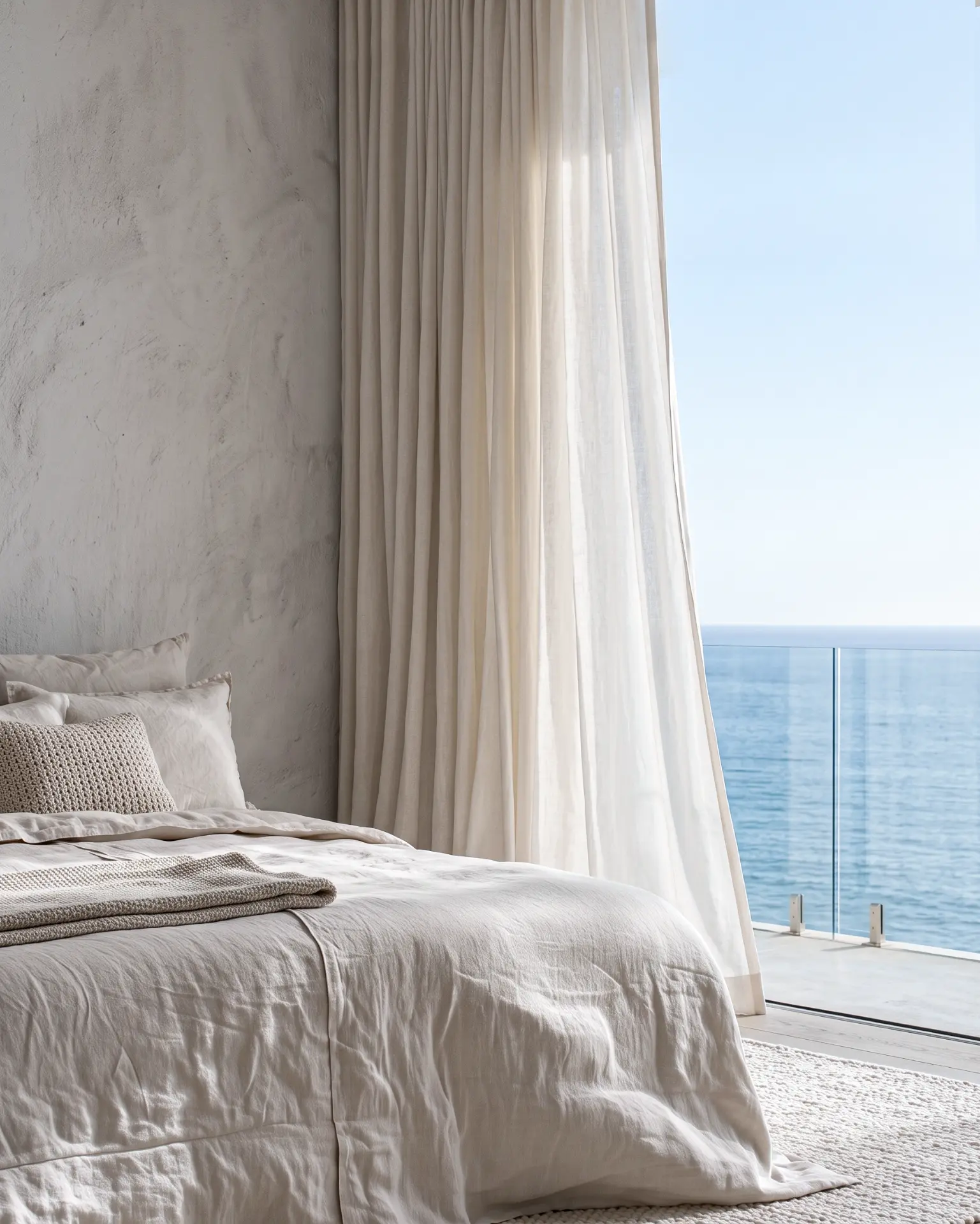 Oceanfront bedroom with linen bedding and sheer curtains