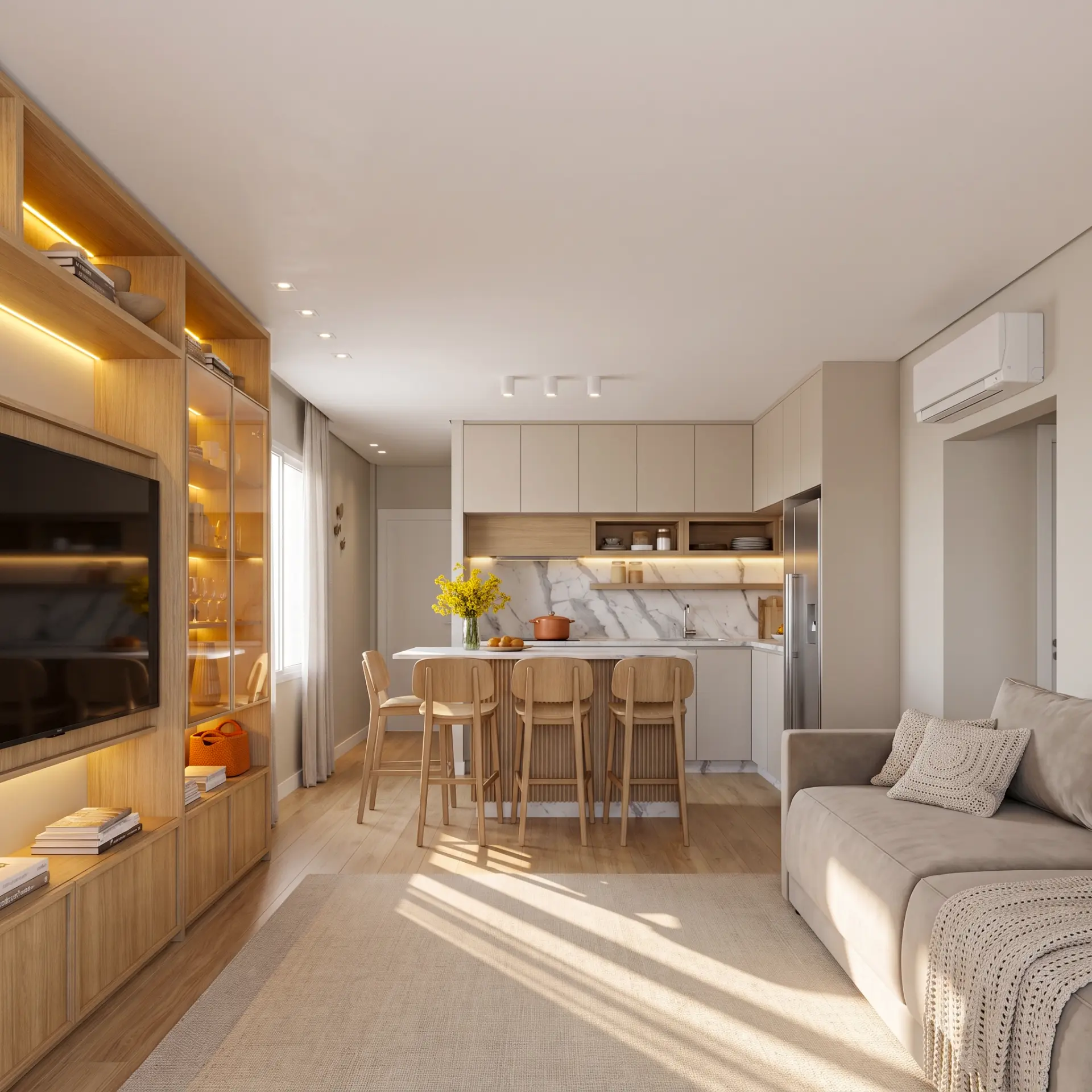 Compact integrated apartment living and kitchen
