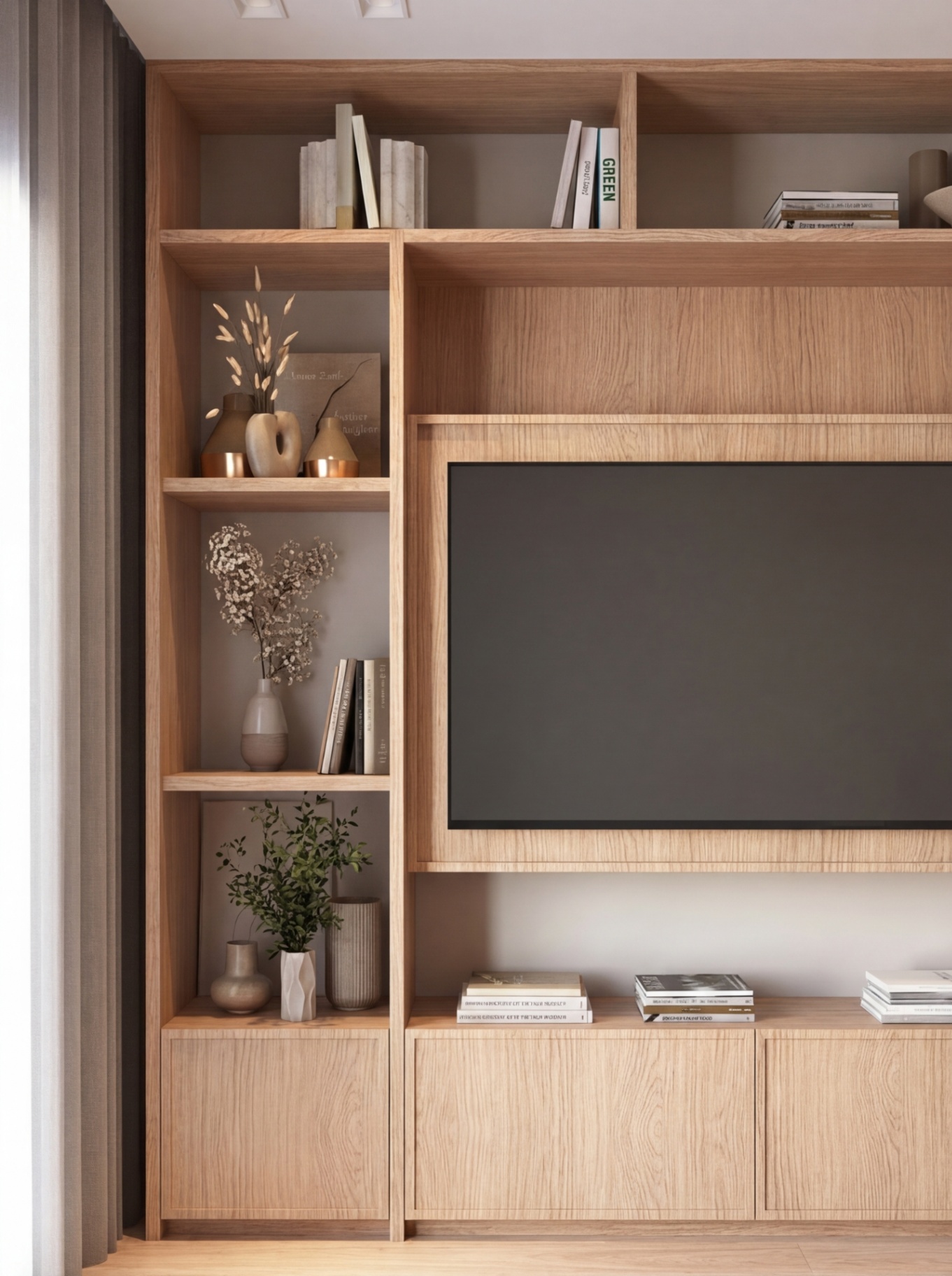 Custom oak media shelving detail