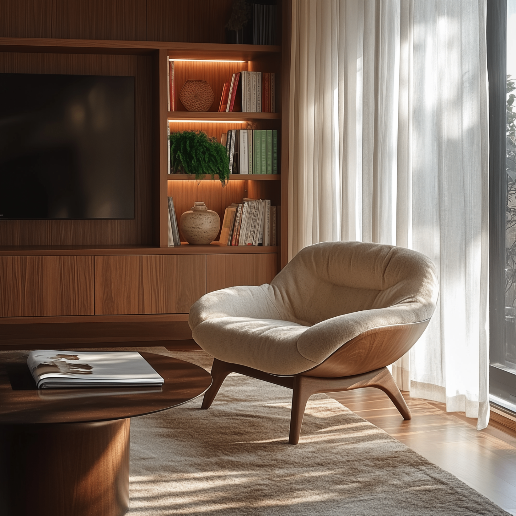 Warm lounge corner with custom millwork